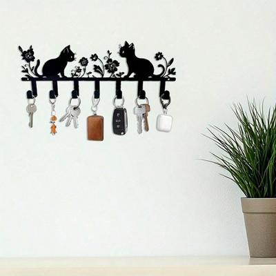 1 PC Black Iron Keys Hooks Double Kittens with Flowers Metal Wall Art - Modern Home Decor for Bedroom, Living Room, or Bathroom.