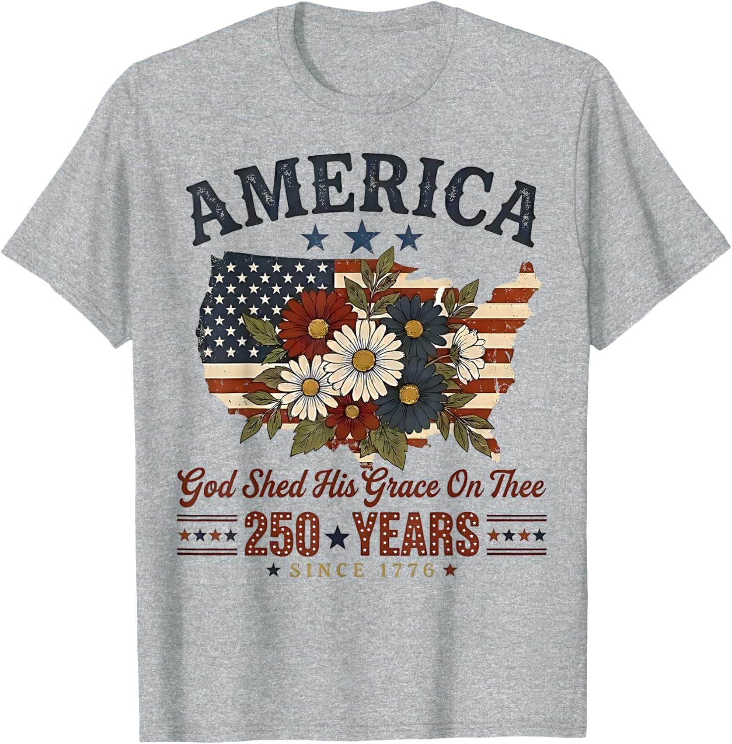 God Shed His Grace On Thee Shirt America 250 Floral Flag Tee Unisex T-Shirt M