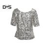 Damen-Shirt, glänzende Pailletten, halbe Ärmel, O-Ausschnitt, lose, einfarbig, weich, atmungsaktiv, Pullover, glitzernde Party, Abschlussball, Cocktail-Bluse