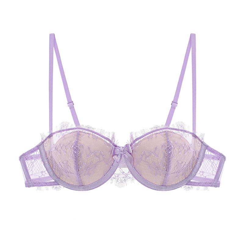 

Sexy eyelashes lace underwear thin cotton breathable soft steel ring bra cover small chest shows big gathering top French underwear 70A фіолетовий