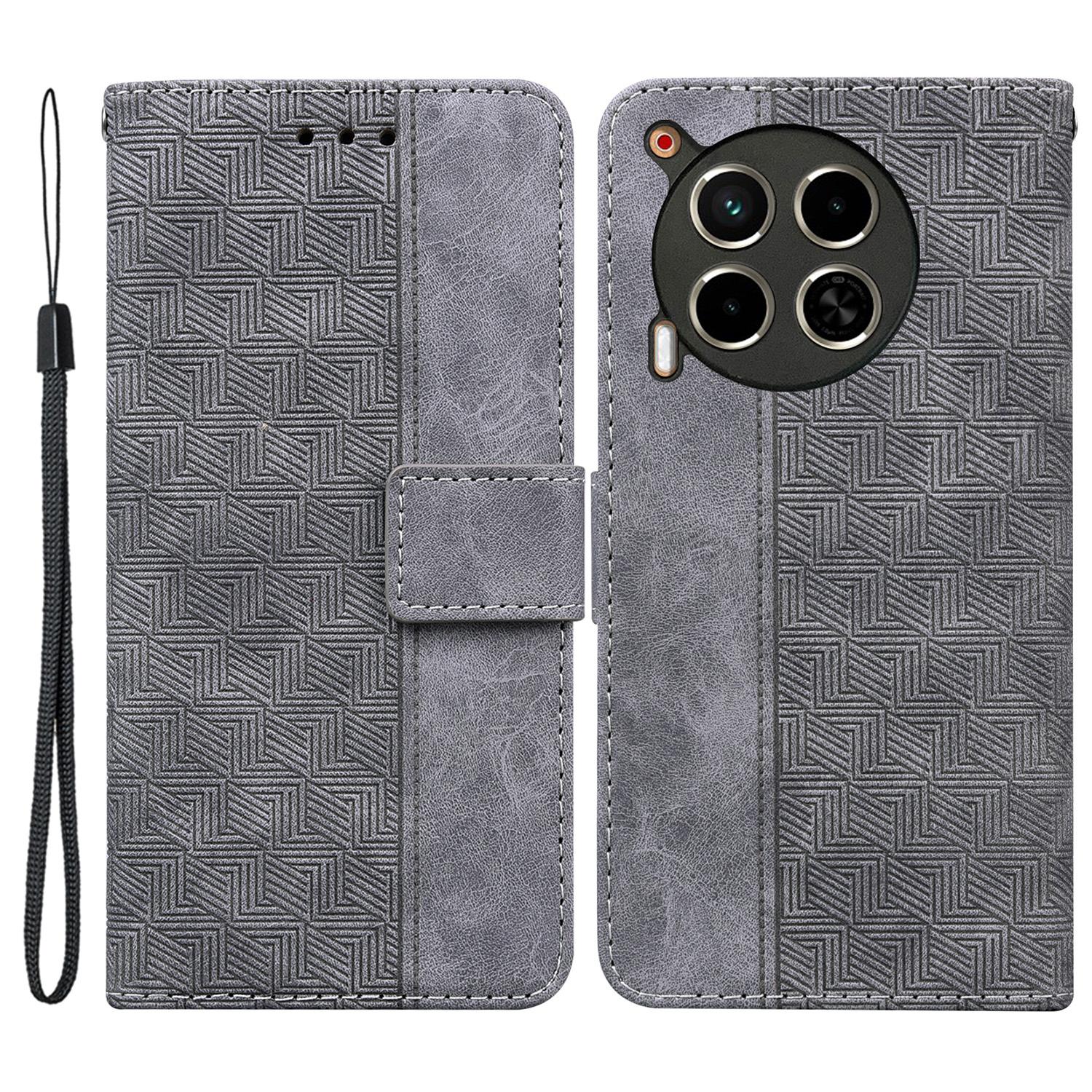 

For TECNO Camon 30 4G/30 5G Wallet Case with Strap Geometry Imprint Leather Flip Phone Cover Grey