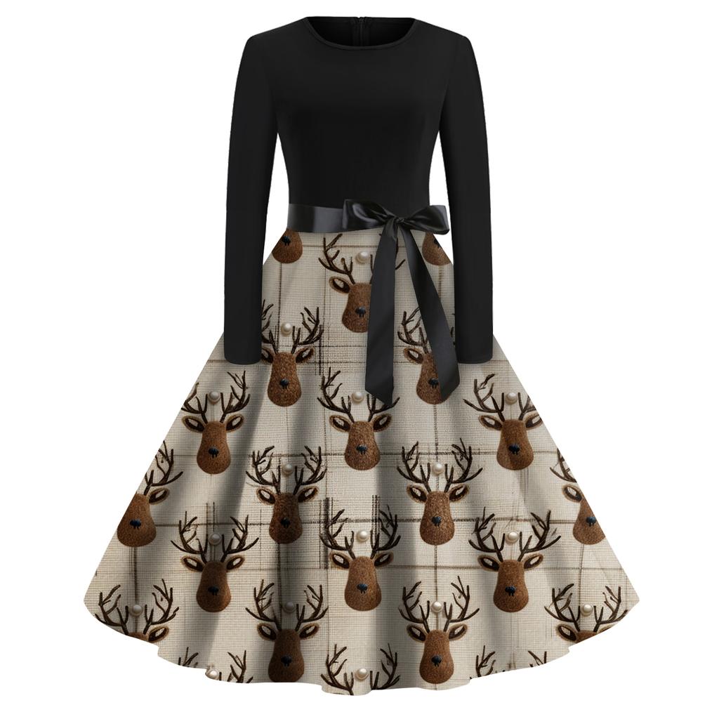Damenmode Rundhals Lässig Slim Fit Weihnachtsdruck Weit schwingendes Langarmkleid