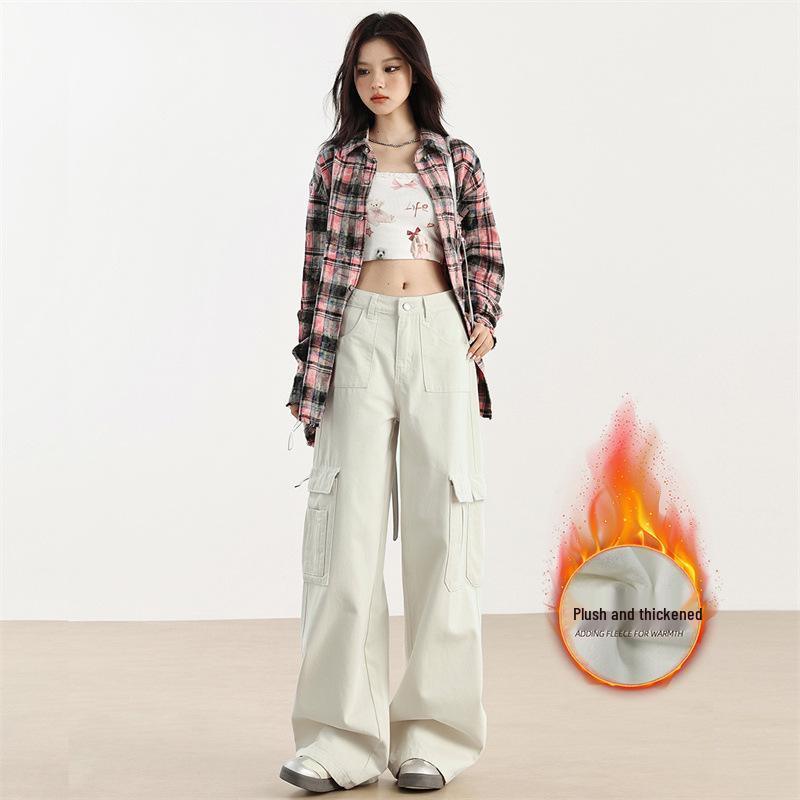 Women's High-Waist Fleece-Lined Wide-Leg Jeans, Retro Workwear Style for Autumn/Winter 2024