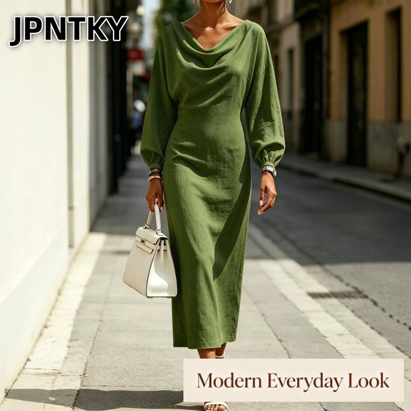 JPNTKY Fashion Summer Spring Solid Color Print Long Sleeve V-Neck Casual Dresses