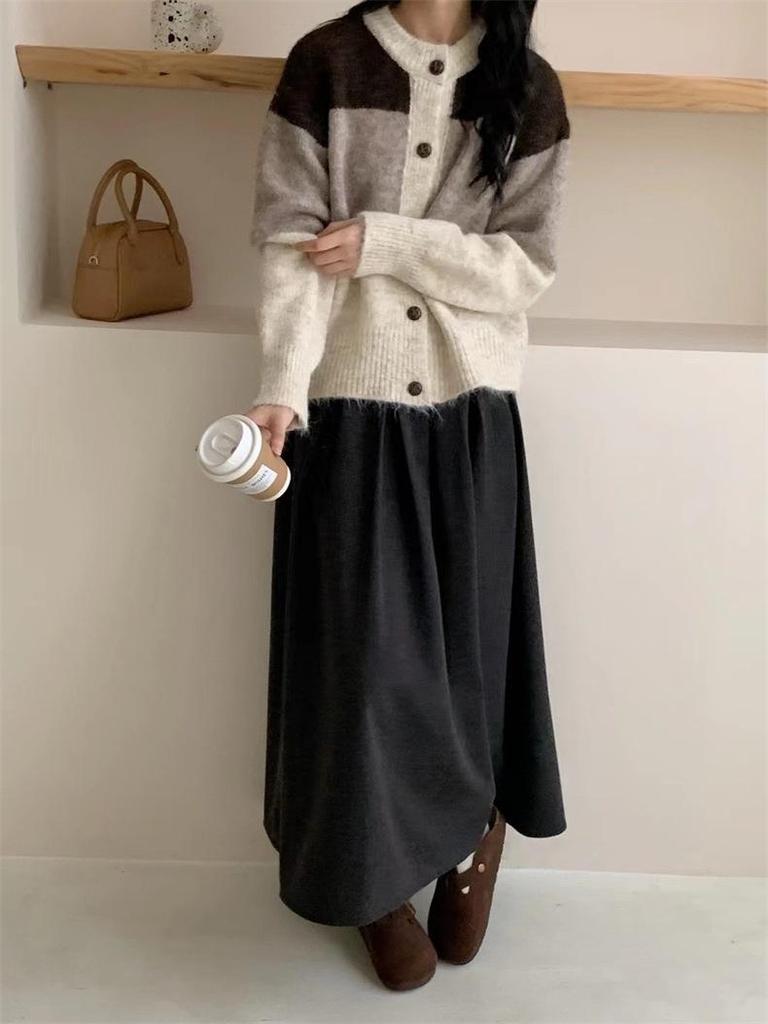 Autumn/Winter 2025 Women's Retro Color Block Striped Knit Cardigan Sweater Coat