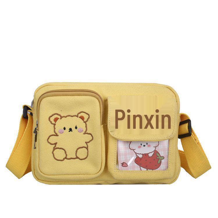 Japanese Soft Girl Canvas Crossbody Bag with Embroidered Bear - Vintage Style Student Bag