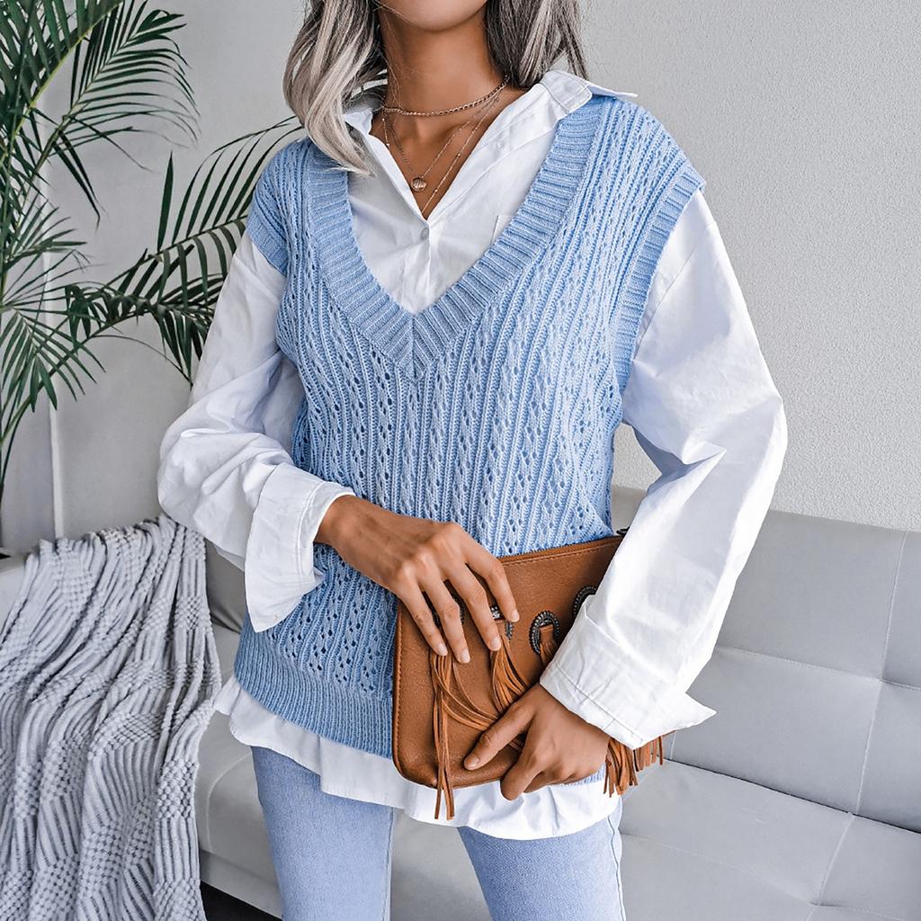 College Casual Loose Knit Vest Fashion Women's Hollow V-neck Sweater