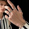 Fashion Finger Ring Bracelet for Men & Women Adjustable Open Band Ring with Connecting Chain Trendy Hip Hop Street Style Zircon