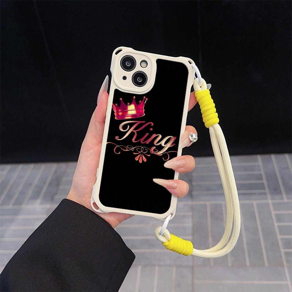 Ae84 King Queen Couple Art Soft Phone Cases for iPhone 16 15 14 13 12 11 Pro Max 8 7 Plus XR XS with Wrist Strap Lanyard Corner Protection Back Cover