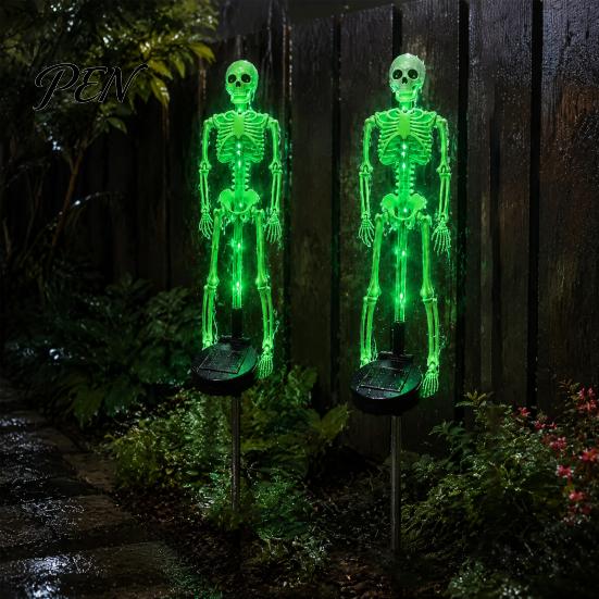 Spooky Garden Path Lighting 2Pcs Solar Skeleton Stake Light, Halloween Glowing Realistic Figurine, Waterproof Illuminated Yard Accents Outdoor