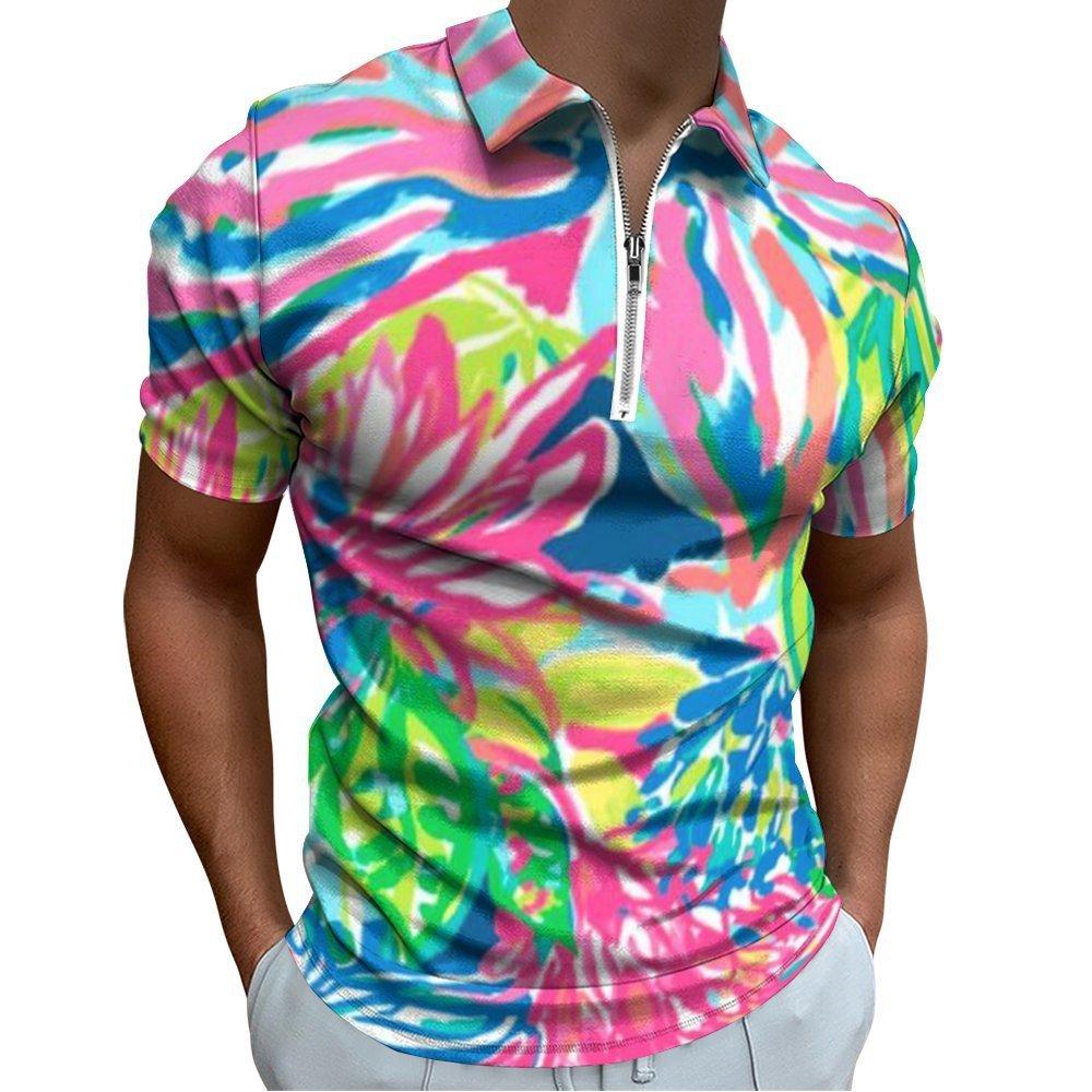 Vibrant Print Short Sleeve Zip Neck Polo, Casual Daily Top
