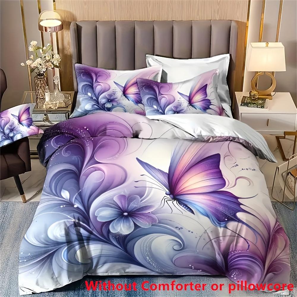 

2/3Pcs Dreamy Blue And Purple Butterfly And Flower Print Duvet Cover Set (1 Duvet Cover + 1/2 Pillowcase, Without Core), Soft Duvet Cover Set&AU Single(140x210cm)
