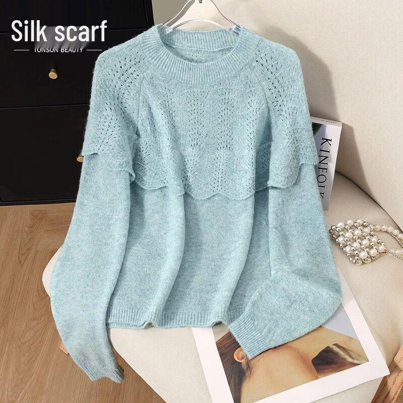 Women s Wool Blend Round Neck Ruffle Knit Top M