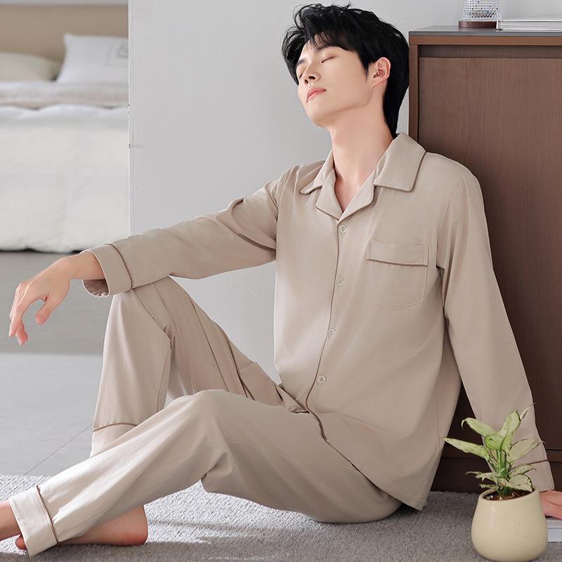 Pure Cotton Pajamas Men'S Spring And Autumn Cotton Long-Sleeved Suit Simple Large Size Can Be Worn Outside Loungewear Men