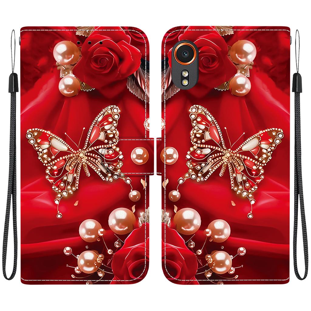 Handmade PU Leather Flip Case for Samsung Galaxy XCover7 (SM-G556B/G556BU1)- Anti-Slip Shockproof Cover with Wrist Strap & Heart/Rose Cat Designs