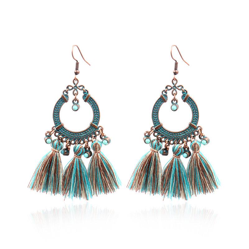 GemChic Women's New Vintage Geometric Metal Turquoise Long Tassel Fringe Earrings Ethnic Fashion Hook Earrings Birthday Christmas Jewelry Gift