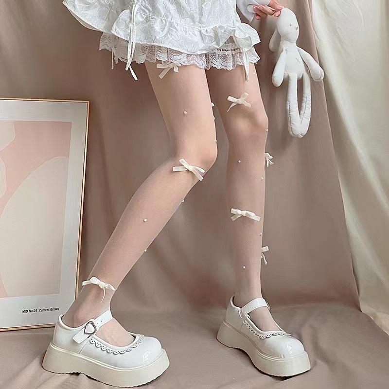 Japanese jk bow pearl white stockings lolita legs shaping thin anti-hook lolita pantyhose