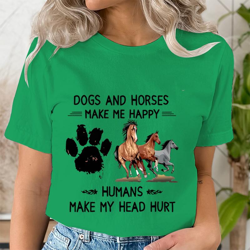 Dog Paw Wild Horses Graphics T Shirt Women Short Sleeve Shirt Dogs and Horses Make Me Happy Print Clothes Summer Female Tshirt