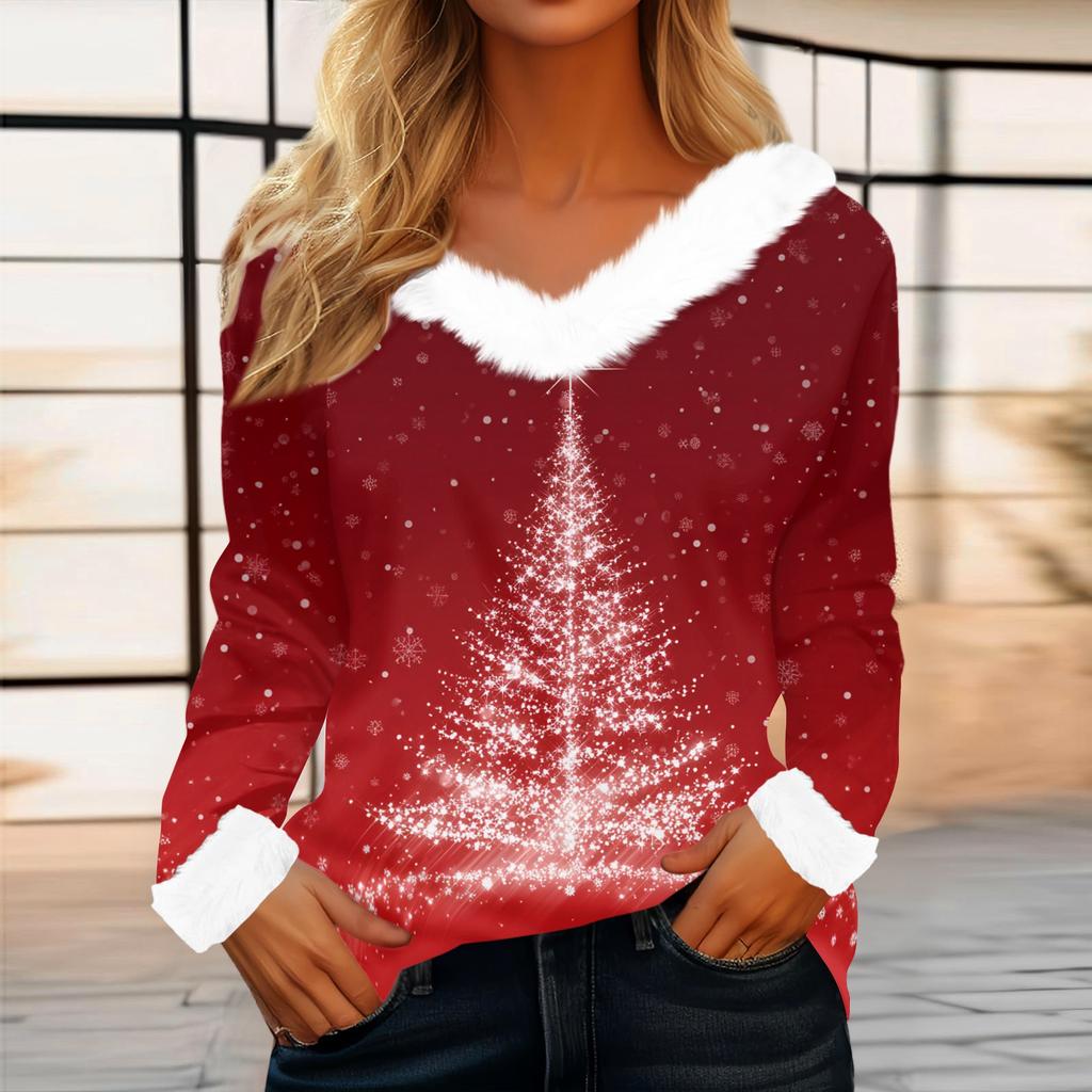 Kadın Günlük Moda Uzun Kollu Noel Baskılı Flanel Yakalı Üst