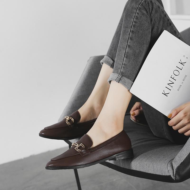 Vind retro små skinnsko dame nye en-pedal loafers dame flate enkeltsko stor størrelse 41-43