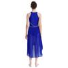 Womens Lyrical Dance Dress Sleeveless Asymmetrical Hem Sparkling Rhinestones Ruched Design Performance Gown