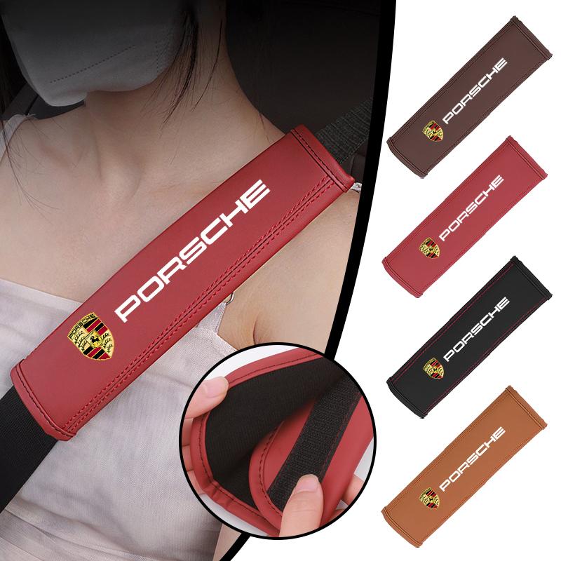 2Pc Leather Car Seat Belt Safety Shoulder Pad Protection Cover For Porsche Cayman 911 718 Cayenne Panamera Macan Taycan Boxster