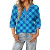 Women's fashionable and casual summer V-neck patchwork three-quarter sleeve plaid print top