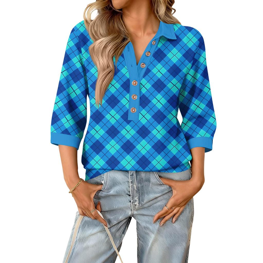 Women's fashionable and casual summer V-neck patchwork three-quarter sleeve plaid print top