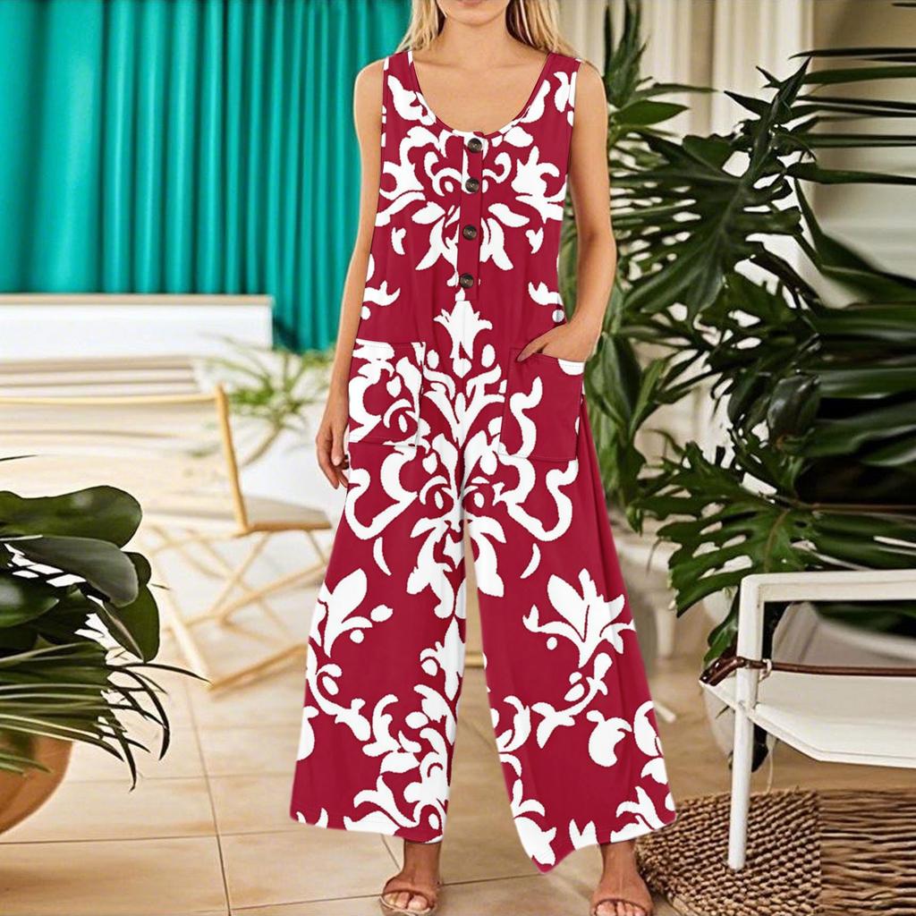 Women's Fashion Casual Button Sleeveless Jumpsuit Floral Flower Print Cotton Pocket Jumpsuit