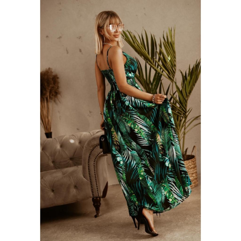 Summer V Neck Elastic Waist Printed Strappy Long Maxi Dress for Women European American Crossborder Women's Clothing