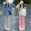 Pink Faux Cashmere Knitted Pants For Women Autumn Winter Thickened High Waist Relaxed Straight Leg Wide Leg Casual Trousers