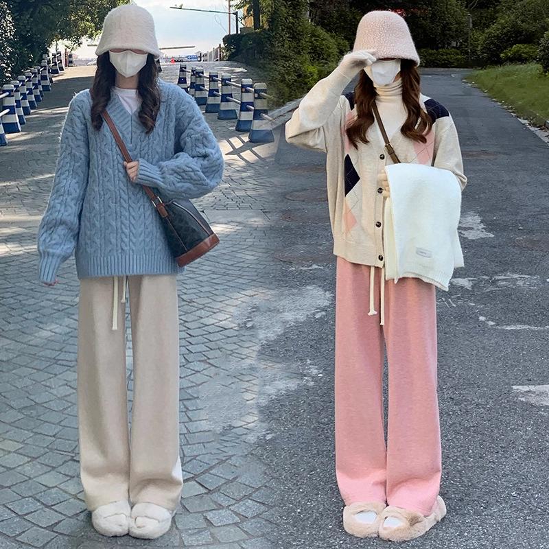 Pink Faux Cashmere Knitted Pants For Women Autumn Winter Thickened High Waist Relaxed Straight Leg Wide Leg Casual Trousers