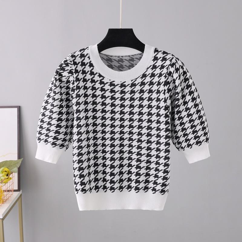 

Женская футболка с рисунком «гусиные лапки», модная корейская стильная весенне-летняя повседневная футболка с короткими рукавами, уютный топ, топ One Size чёрный