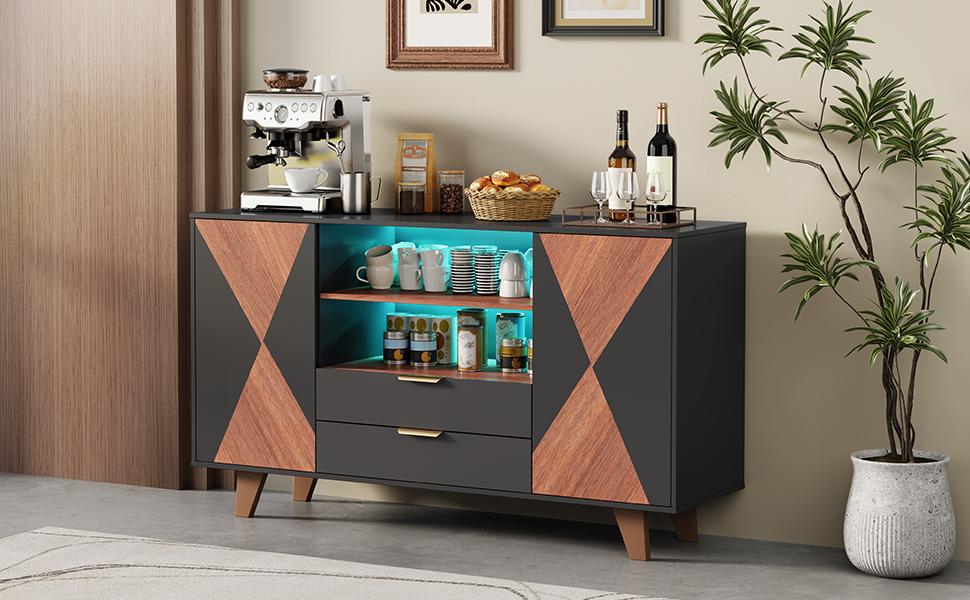 Kitchen Cabinet, Sideboard with LED Lighting, Drawers and Adjustable Shelves, Storage Cabinet for Dining Room and Living Room, 150 × 40 × 90 Cm