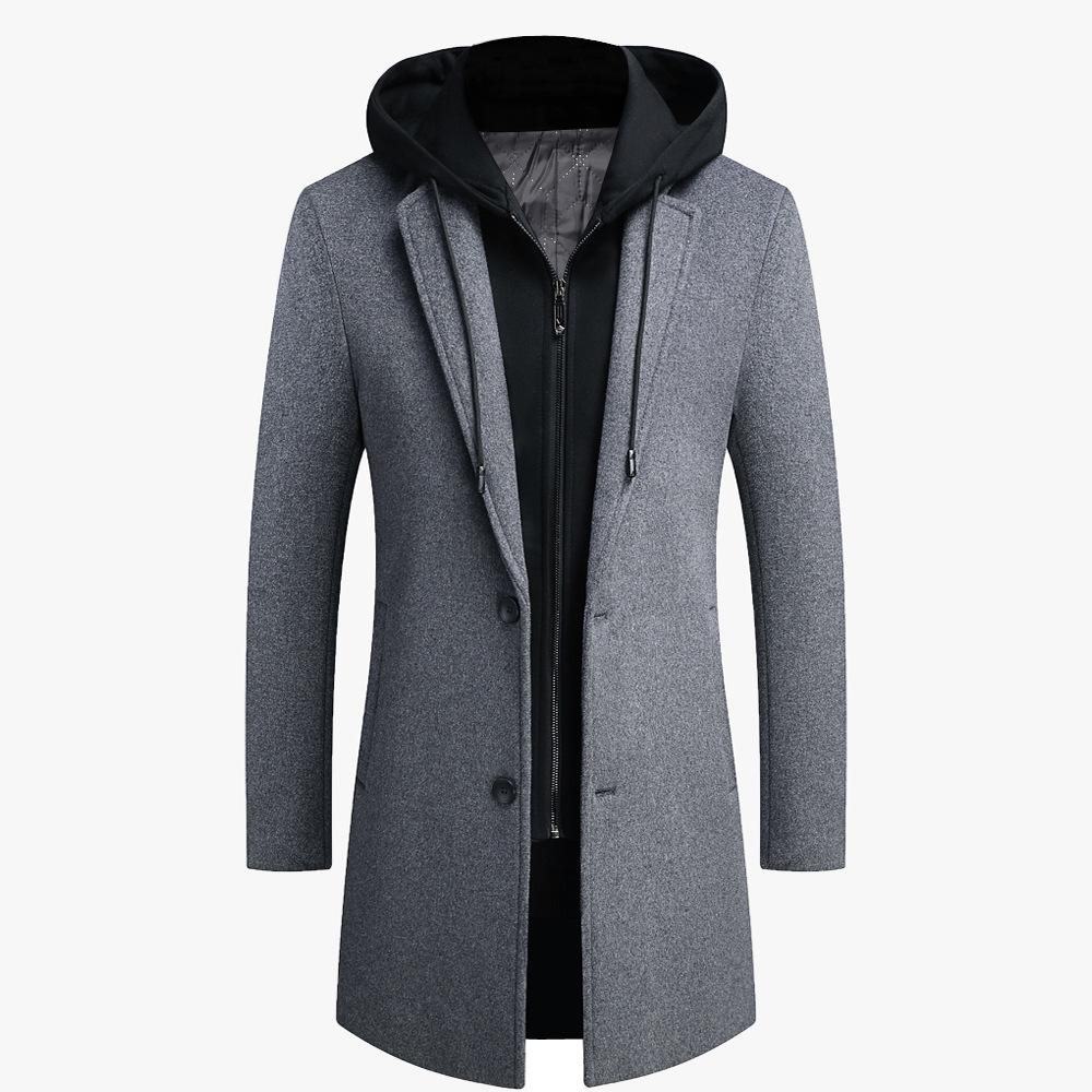 Herbst- und Winter Herren Wollmantel Mittel und Lang Doppelkragen Abnehmbare Kapuze Wollmantel Herren