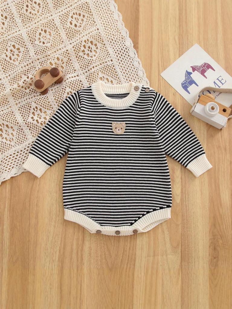 Newborn Cotton Stripe Knit Romper with Bear Embroidery, Color Block, Round Neck & Snap Crotch