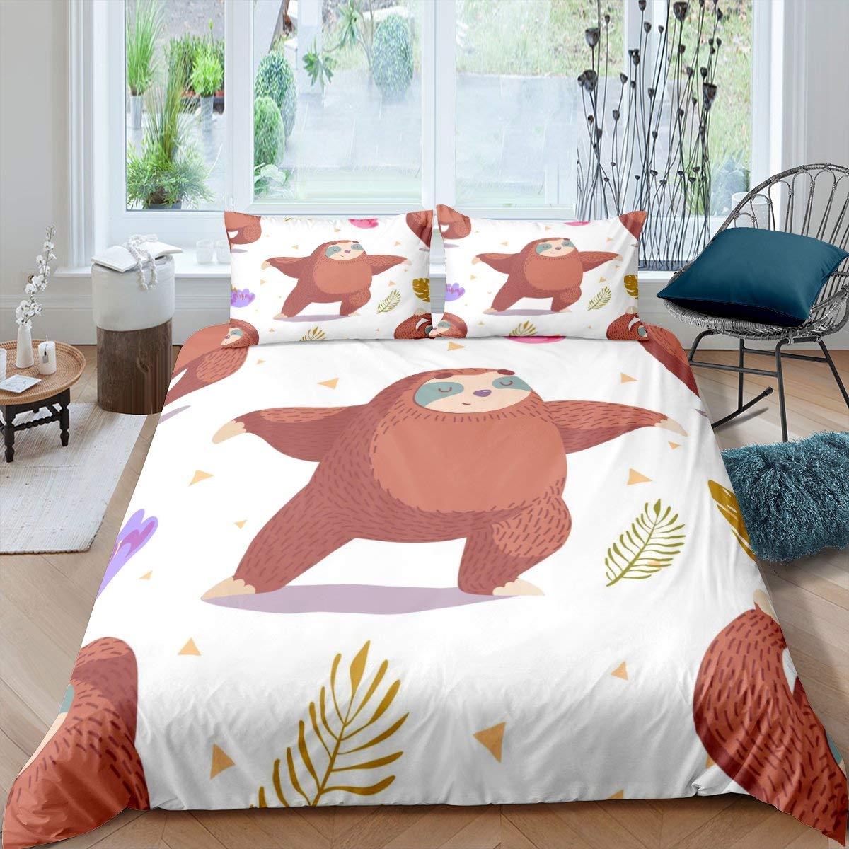 Sloth Duvet Cover Set Cute Sleeping Sloth Cartoon Animal Pattern Bedding Set For Kids Toddler Double King Quilt Cover EU Single(135*200cm)3pcs
