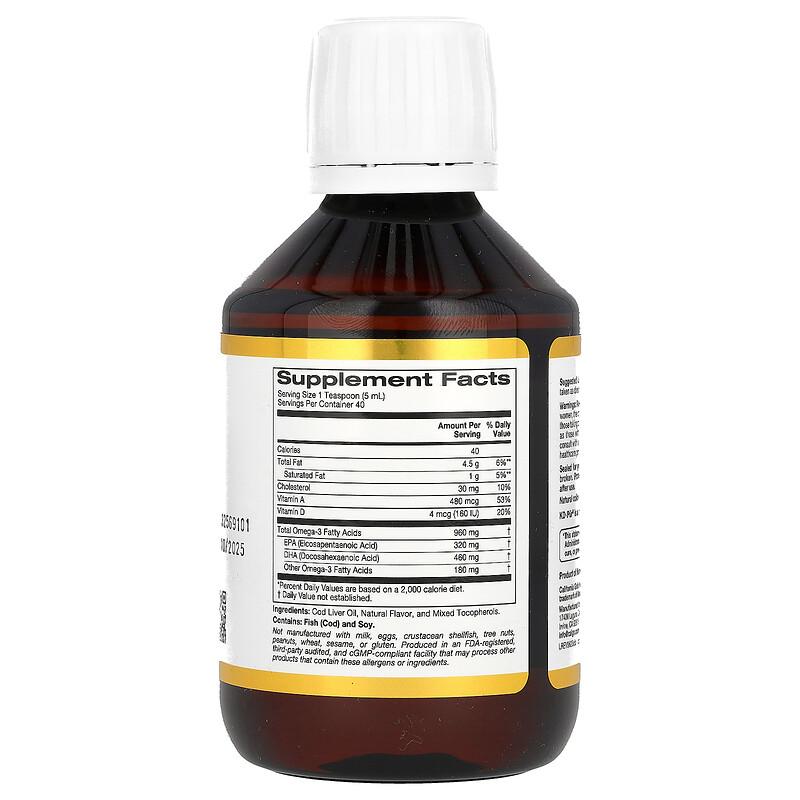 Cod Liver Oil with Omega-3 Fatty Acids, EPA, DHA, Vitamins A and D, Norwegian, Triglyceride Form, Natural Lemon, 6.7 fl oz (200 ml)