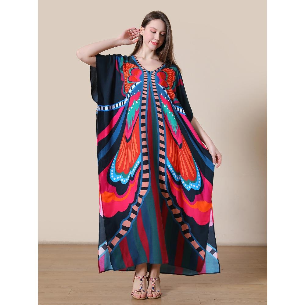 Plus Size Boho Kaftan Dress, Women's Plus Maxi Cover Up Dress