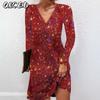 Fashion Autumn Winter Solid Color Print Long Sleeve V-Neck Casual Dresses
