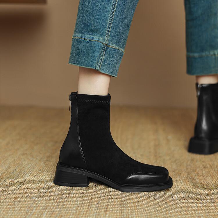 Rough Heeled Elastic Boots Women's Boots 2025 Autumn and Winter New Short Boots Suede Low Heel Short Boots