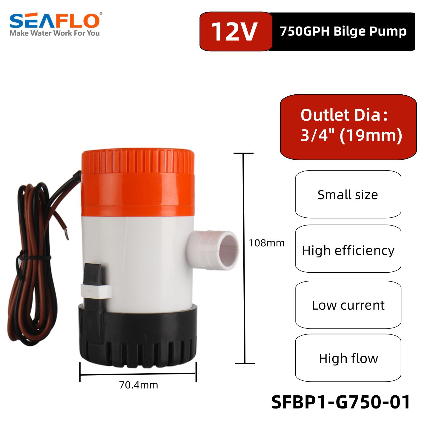 SEAFLO 750GPH Bilge Pump 12V/24V Submersible Marine Boat Pump High Efficiency with Removable Strainer 12V 750GPH