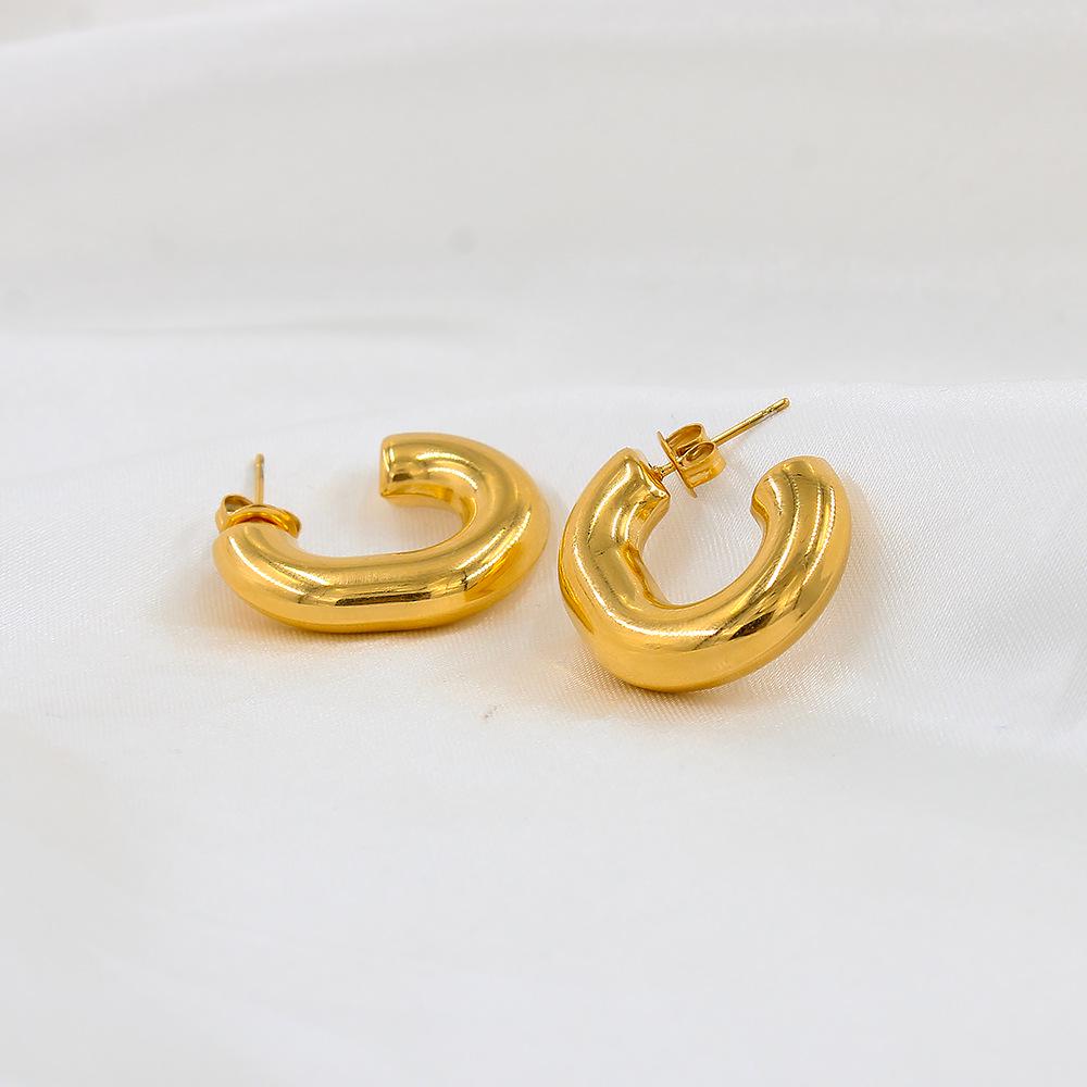 European  American Fashion Stainless Steel Hollow C-Shaped Chubby Earrings for Women - Creative High-End Style