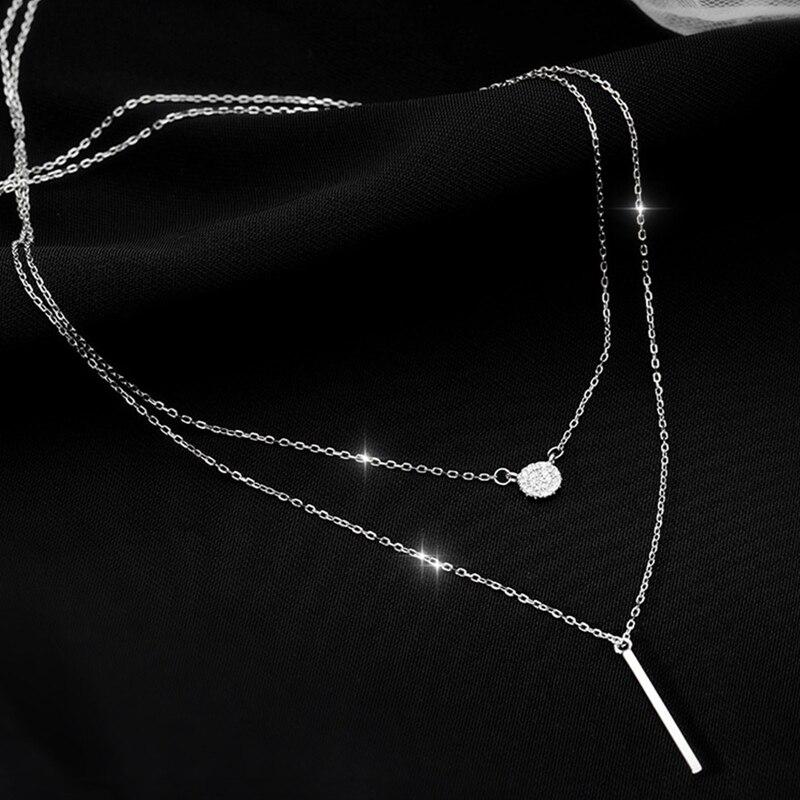 Rose Gold Silver Color Double Layer Necklace Round Shiny Full Zircon Long Pendant Necklaces Gift For Girl Fine Accessories