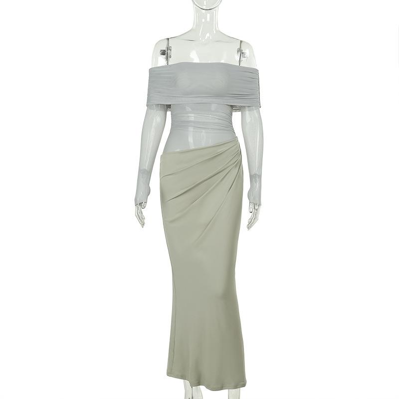 JY summer new long dress, European and American style temperament sexy one-word shoulder mesh hollow dress women