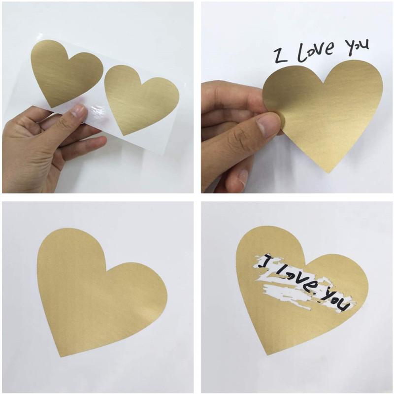 50pcs 60 * 70mm Golden Heart Scratch Off Stickers Creative Message Hide Postcard