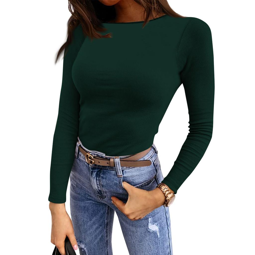 Women's And Winter Slim Bottom T-shirt Fashion Casual Color Round Neck Pullover Long Sleeve Top