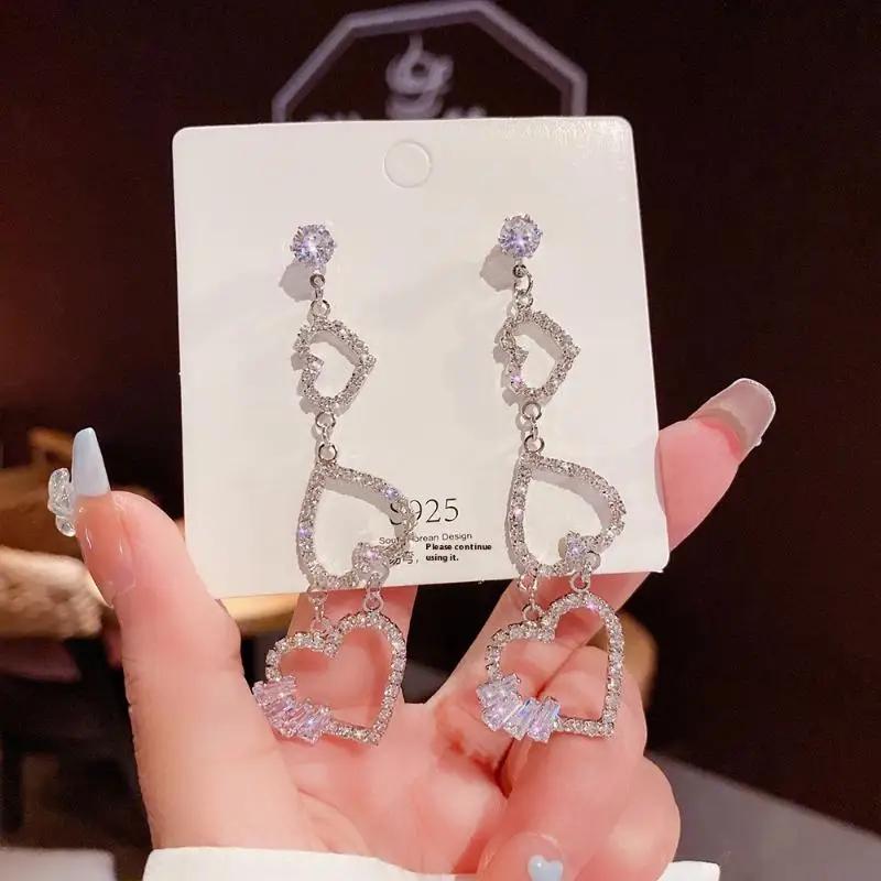 1 Pair Dangle Earrings Bowknot Shape Shining Rhinestones Lady Earrings Heart Imitation Pearls Tassel Jewelry Accessory