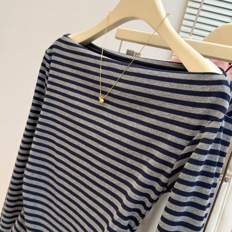 Real shot striped one-word shoulder long-sleeved T-shirt women's season new slim-fit bottoming shirt top