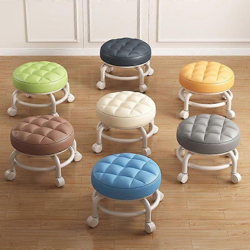 Living Room Footstools With Universal Swivel Caster Wheels Leather Small Rolling Stools Round PU Seat Metal Frame for Home & Office